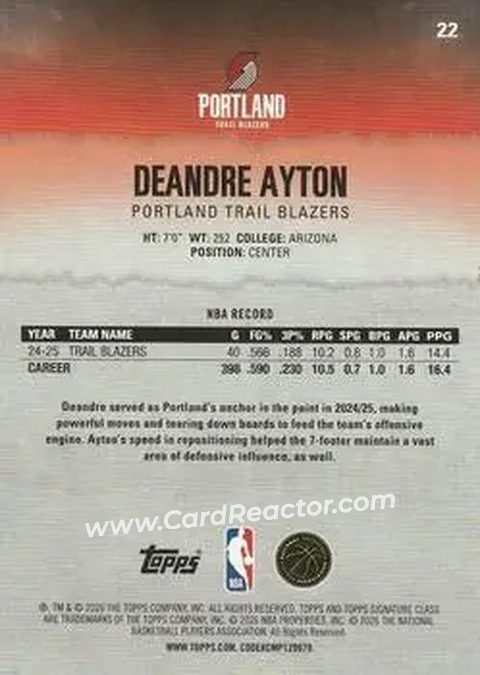 2025-26 Topps Signature Class #22 - Deandre Ayton - Portland Trail Blazers - Back 2025-26 Topps Signature Class #22 - Deandre Ayton - Portland Trail Blazers - Back