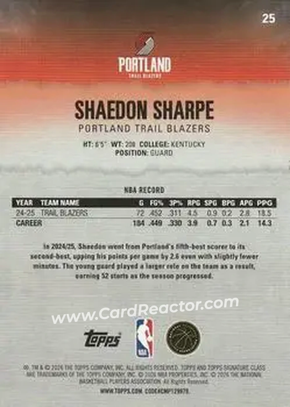 2025-26 Topps Signature Class #25 - Shaedon Sharpe - Portland Trail Blazers - Back