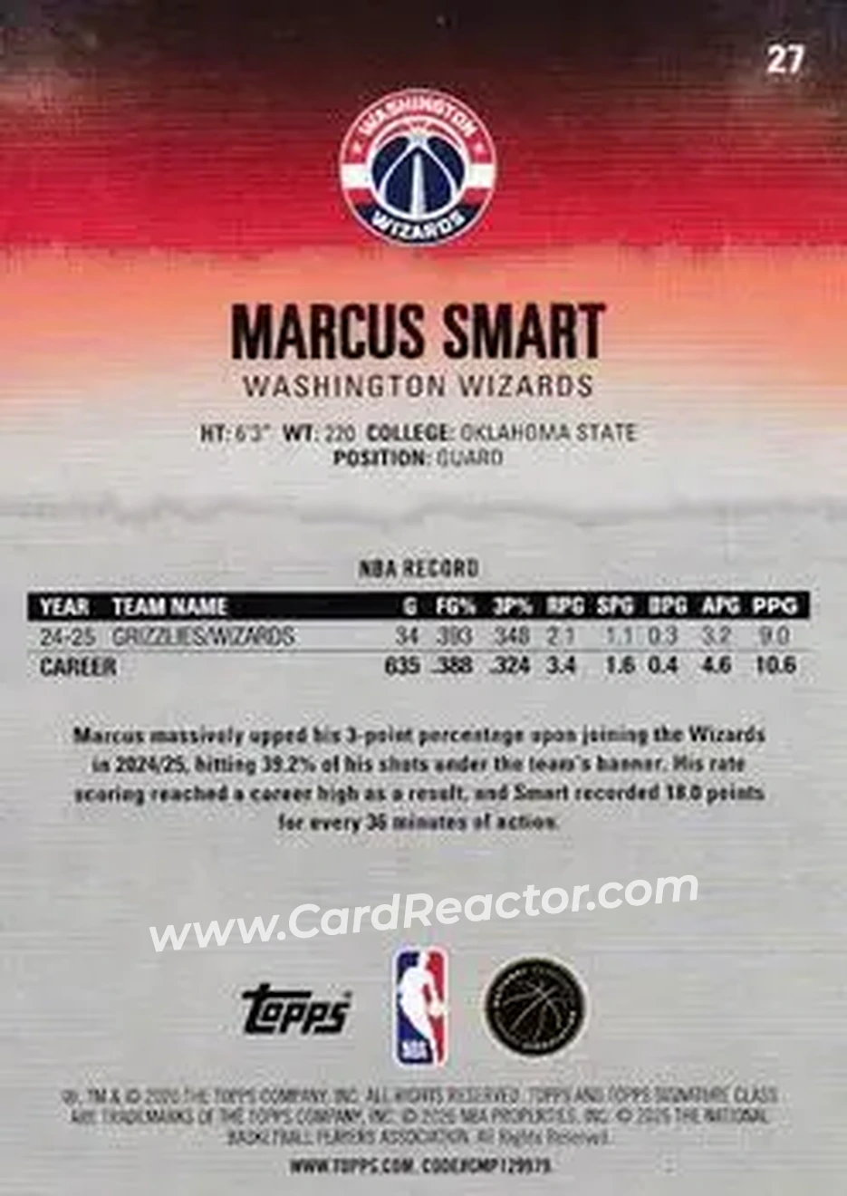 2025-26 Topps Signature Class #27 - Marcus Smart - Washington Wizards - Back