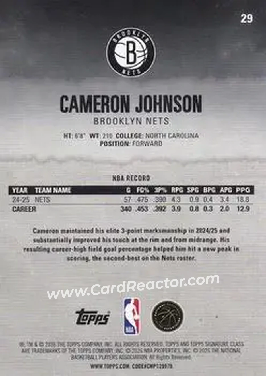 2025-26 Topps Signature Class #29 - Cameron Johnson - Brooklyn Nets - Back 2025-26 Topps Signature Class #29 - Cameron Johnson - Brooklyn Nets - Back