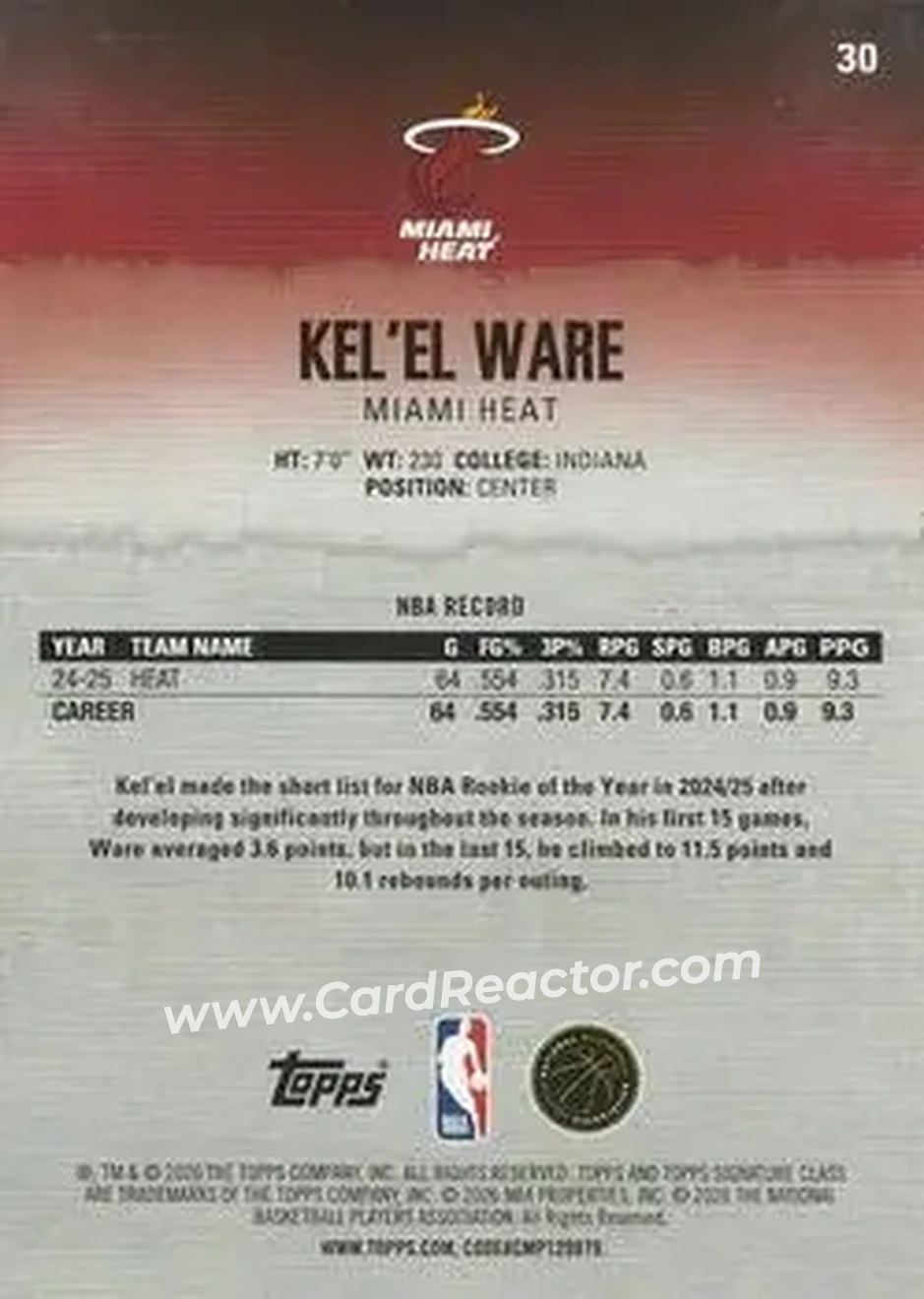 2025-26 Topps Signature Class #30 - Kel'el Ware - Miami Heat - Back