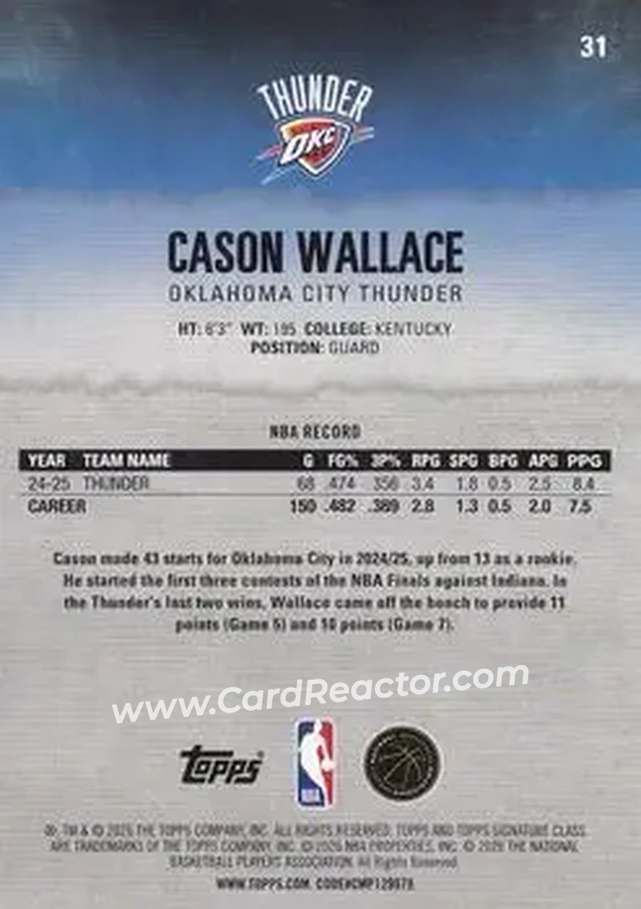 2025-26 Topps Signature Class #31 - Cason Wallace - Oklahoma City Thunder - Back 2025-26 Topps Signature Class #31 - Cason Wallace - Oklahoma City Thunder - Back