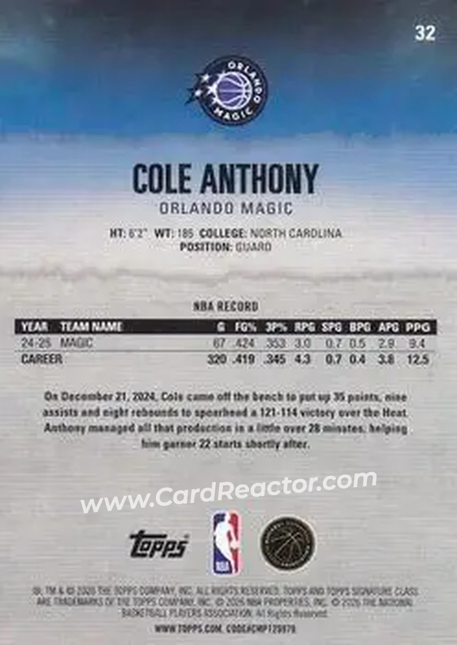 2025-26 Topps Signature Class #32 - Cole Anthony - Orlando Magic - Back 2025-26 Topps Signature Class #32 - Cole Anthony - Orlando Magic - Back
