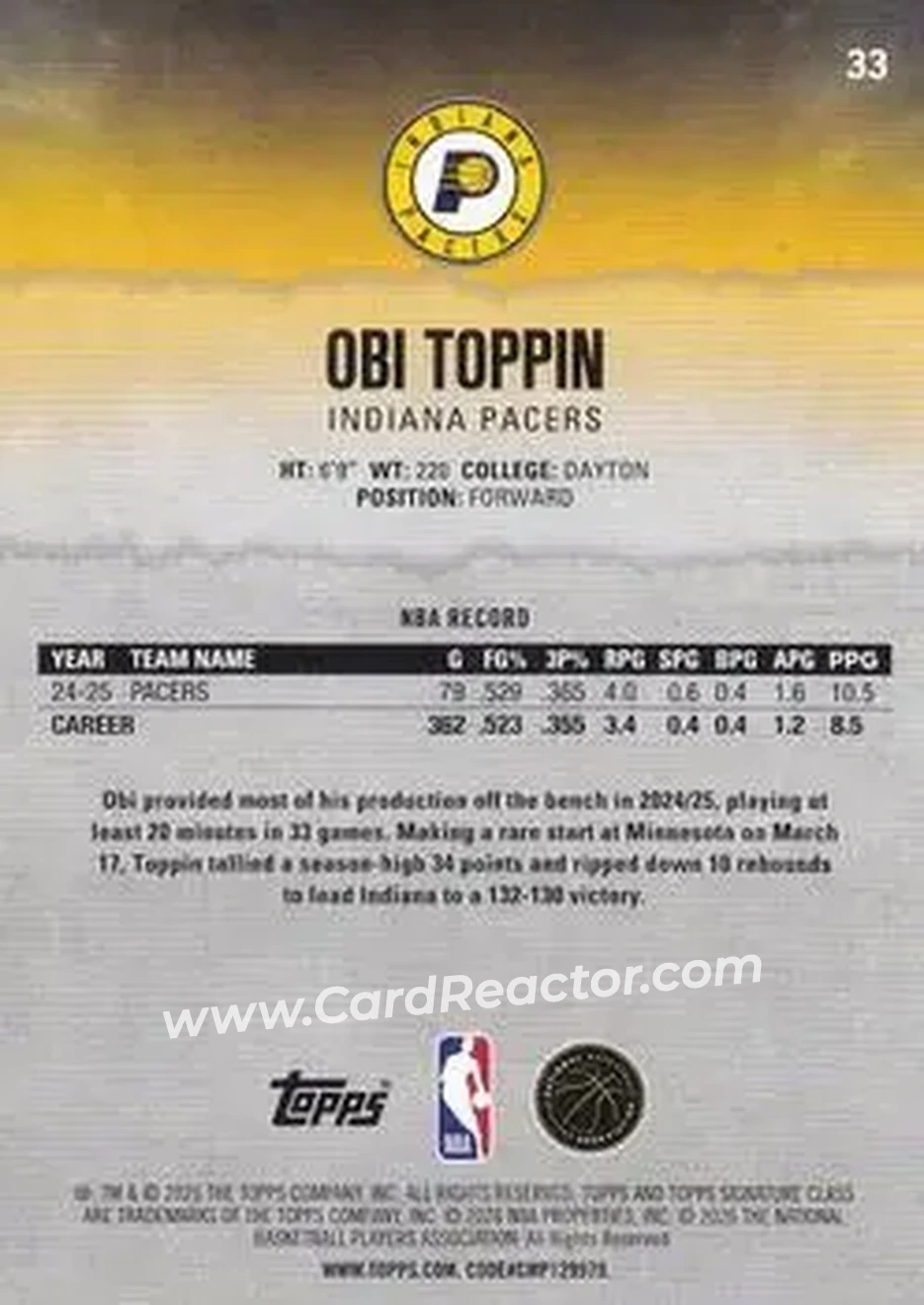 2025-26 Topps Signature Class #33 - Obi Toppin - Indiana Pacers - Back