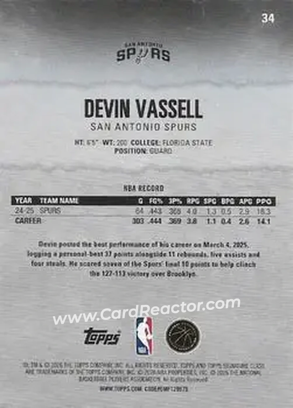 2025-26 Topps Signature Class #34 - Devin Vassell - San Antonio Spurs - Back