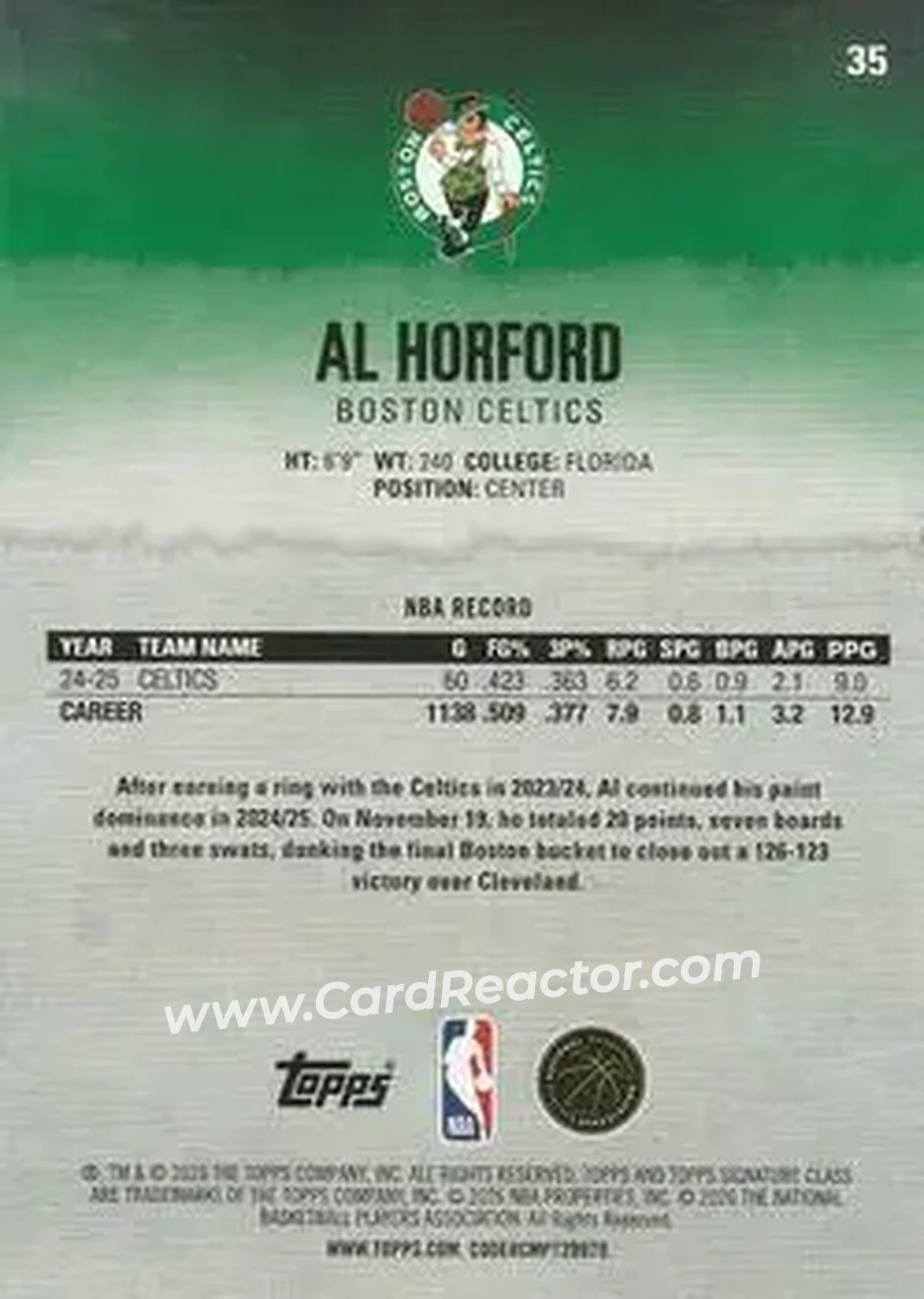 2025-26 Topps Signature Class #35 - Al Horford - Boston Celtics - Back 2025-26 Topps Signature Class #35 - Al Horford - Boston Celtics - Back