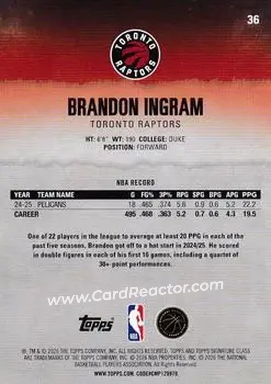 2025-26 Topps Signature Class #36 - Brandon Ingram - Toronto Raptors - Back