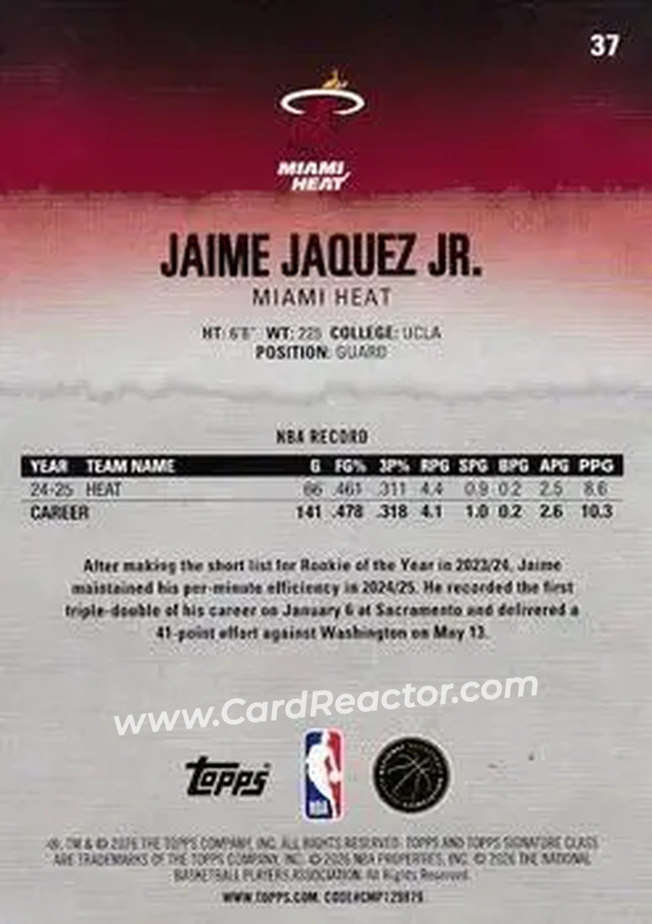 2025-26 Topps Signature Class #37 - Jaime Jaquez Jr. - Miami Heat - Back