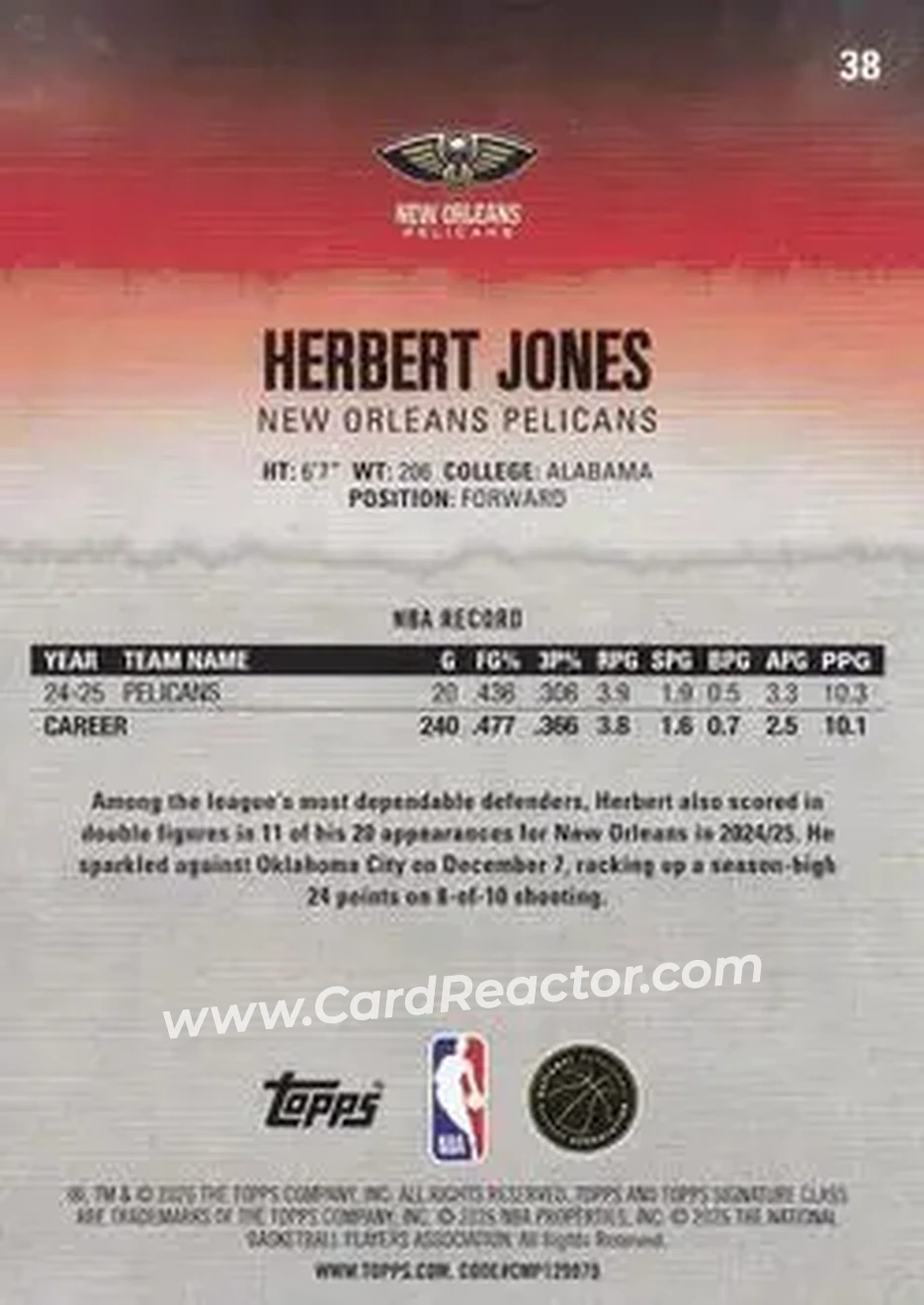 2025-26 Topps Signature Class #38 - Herbert Jones - New Orleans Pelicans - Back