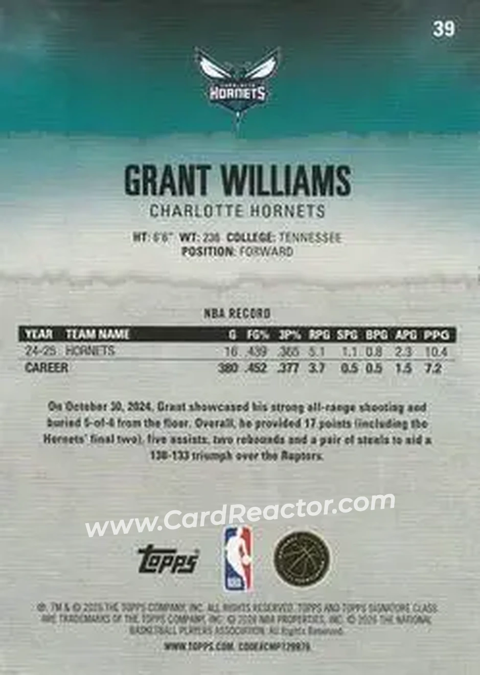 2025-26 Topps Signature Class #39 - Grant Williams - Charlotte Hornets - Back
