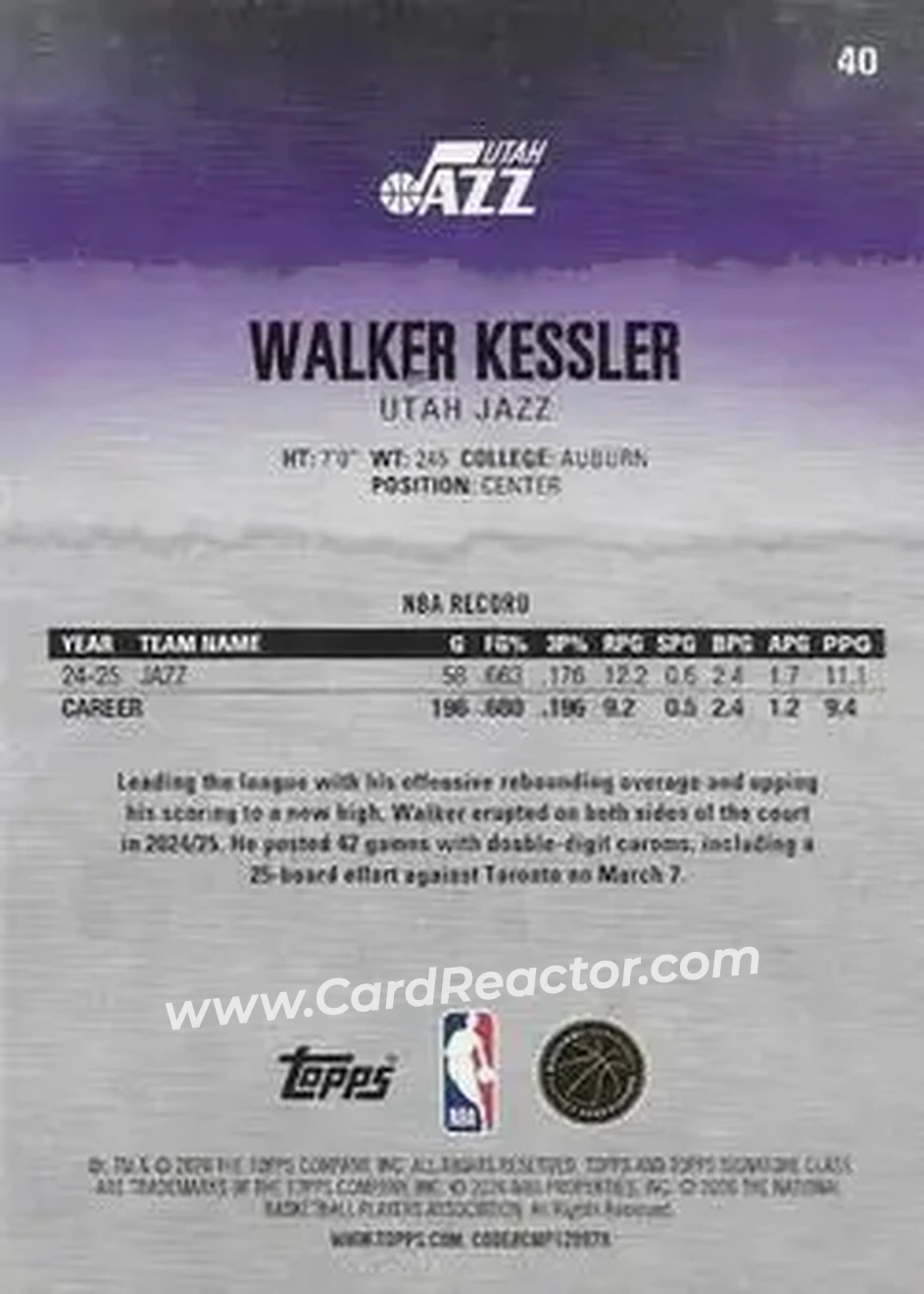 2025-26 Topps Signature Class #40 - Walker Kessler - Utah Jazz - Back