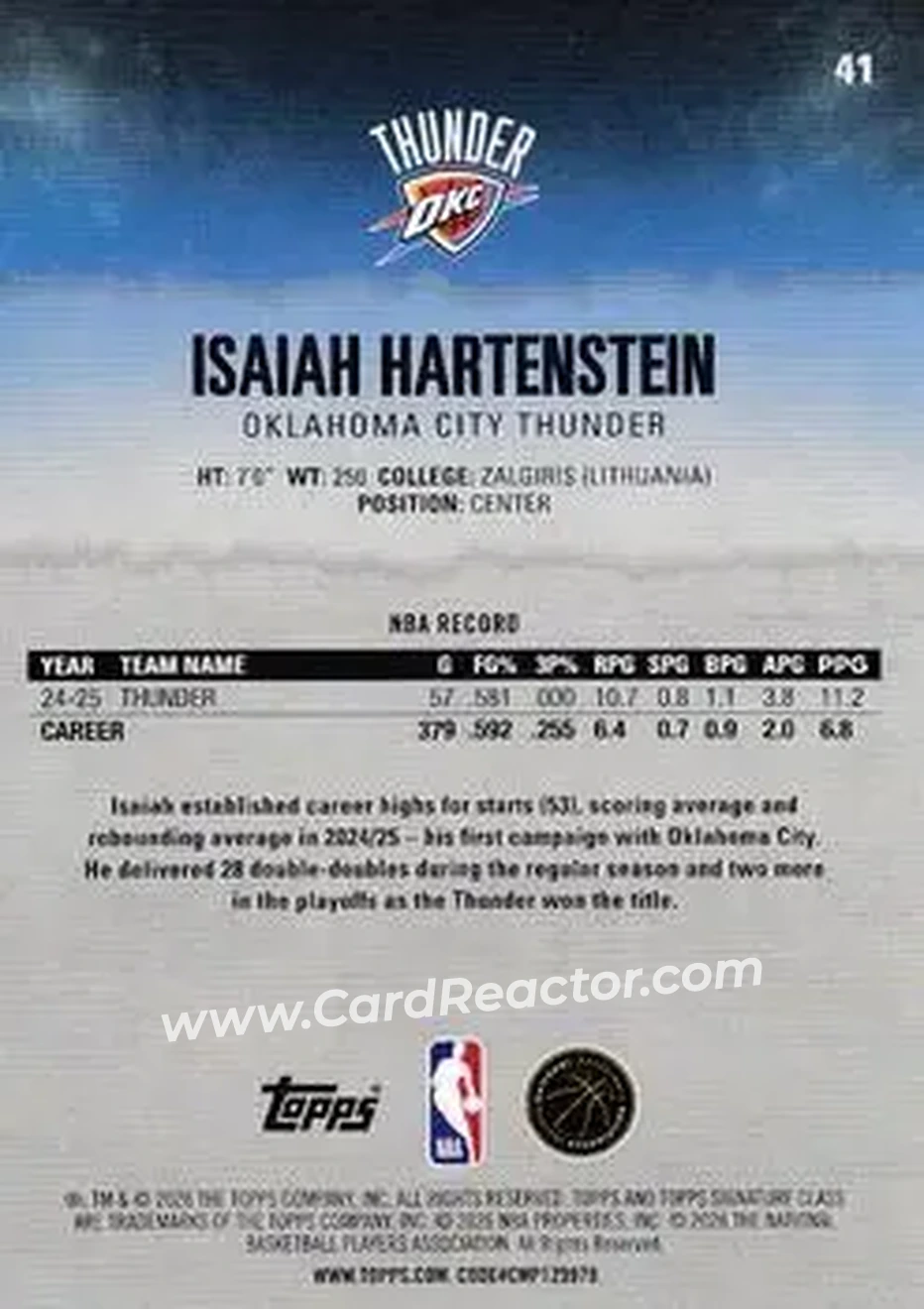 2025-26 Topps Signature Class #41 - Isaiah Hartenstein - Oklahoma City Thunder - Back 2025-26 Topps Signature Class #41 - Isaiah Hartenstein - Oklahoma City Thunder - Back