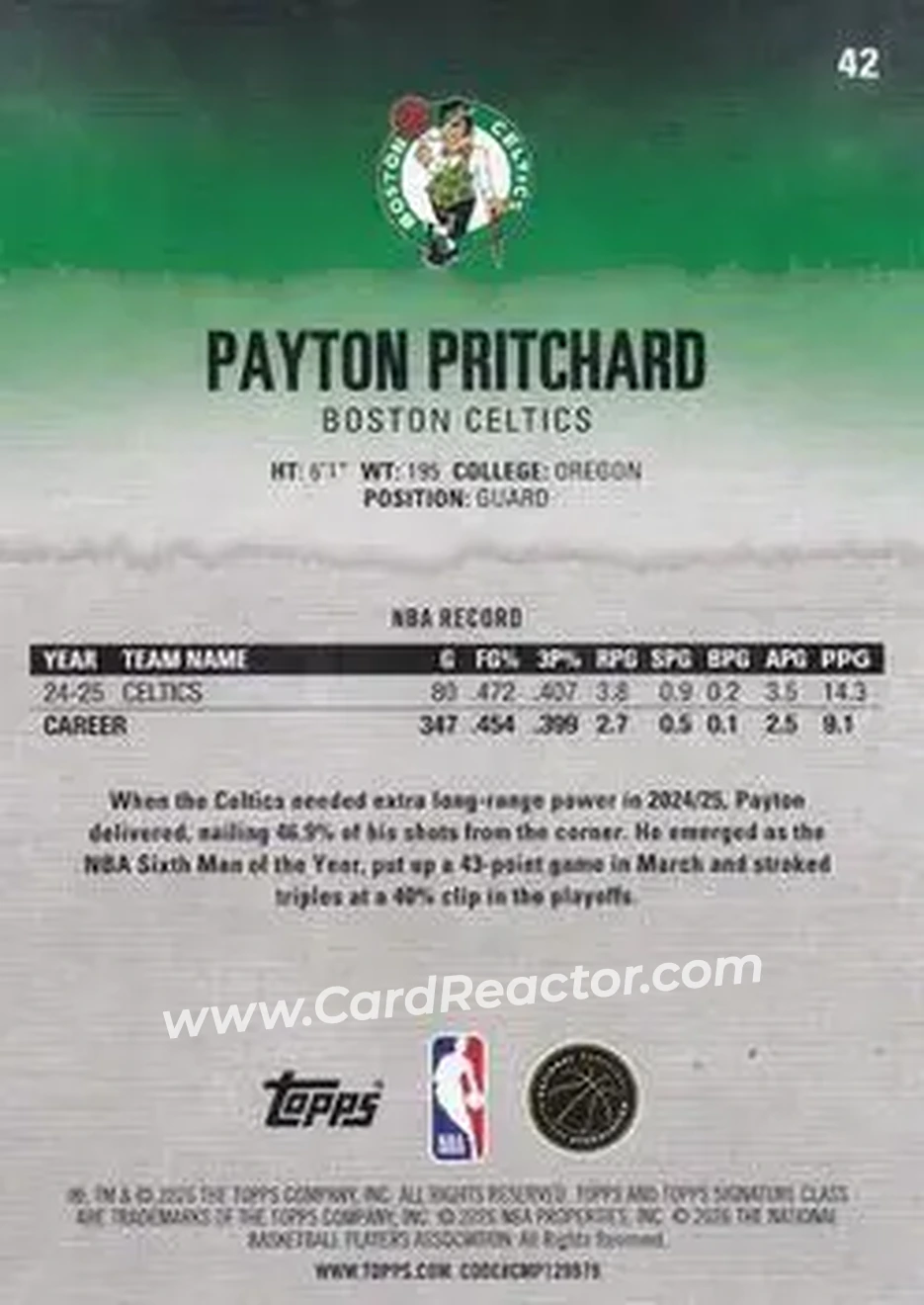 2025-26 Topps Signature Class #42 - Payton Pritchard - Boston Celtics - Back