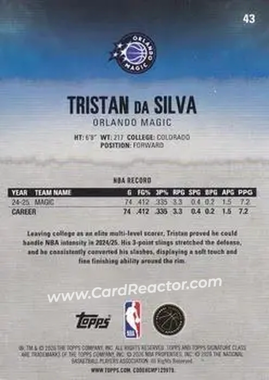 2025-26 Topps Signature Class #43 - Tristan Da Silva - Orlando Magic - Back 2025-26 Topps Signature Class #43 - Tristan Da Silva - Orlando Magic - Back