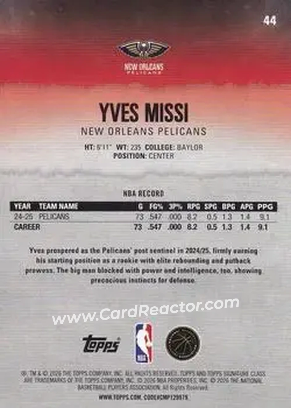 2025-26 Topps Signature Class #44 - Yves Missi - New Orleans Pelicans - Back 2025-26 Topps Signature Class #44 - Yves Missi - New Orleans Pelicans - Back