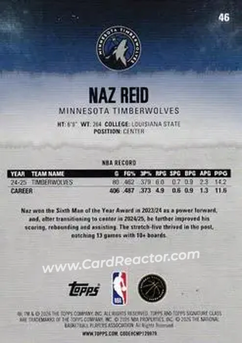 2025-26 Topps Signature Class #46 - Naz Reid - Minnesota Timberwolves - Back