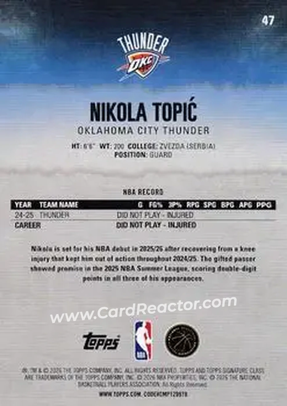 2025-26 Topps Signature Class #47 - Nikola Topić - Oklahoma City Thunder - Back