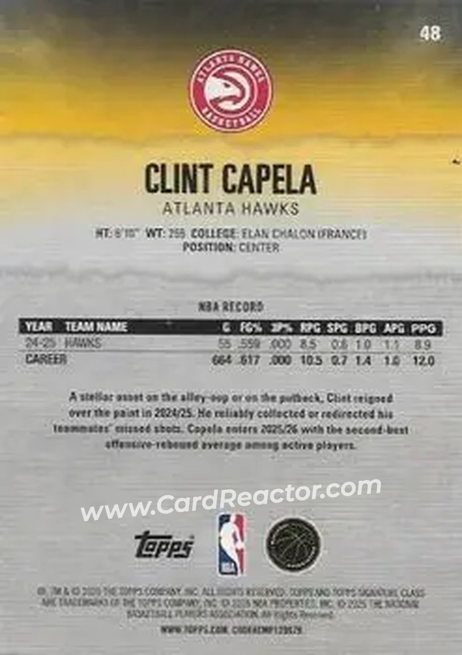 2025-26 Topps Signature Class #48 - Clint Capela - Atlanta Hawks - Back 2025-26 Topps Signature Class #48 - Clint Capela - Atlanta Hawks - Back