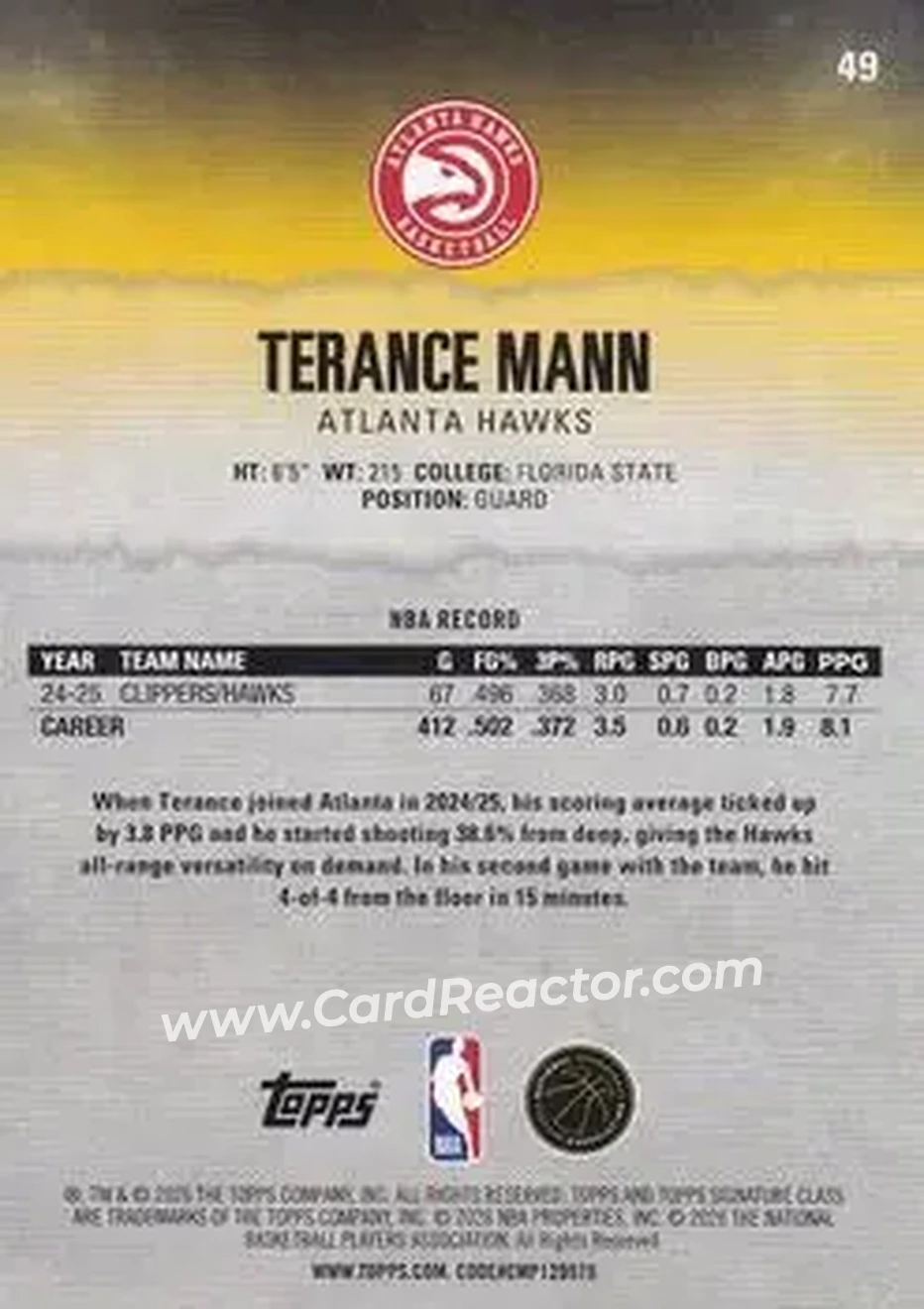 2025-26 Topps Signature Class #49 - Terance Mann - Atlanta Hawks - Back