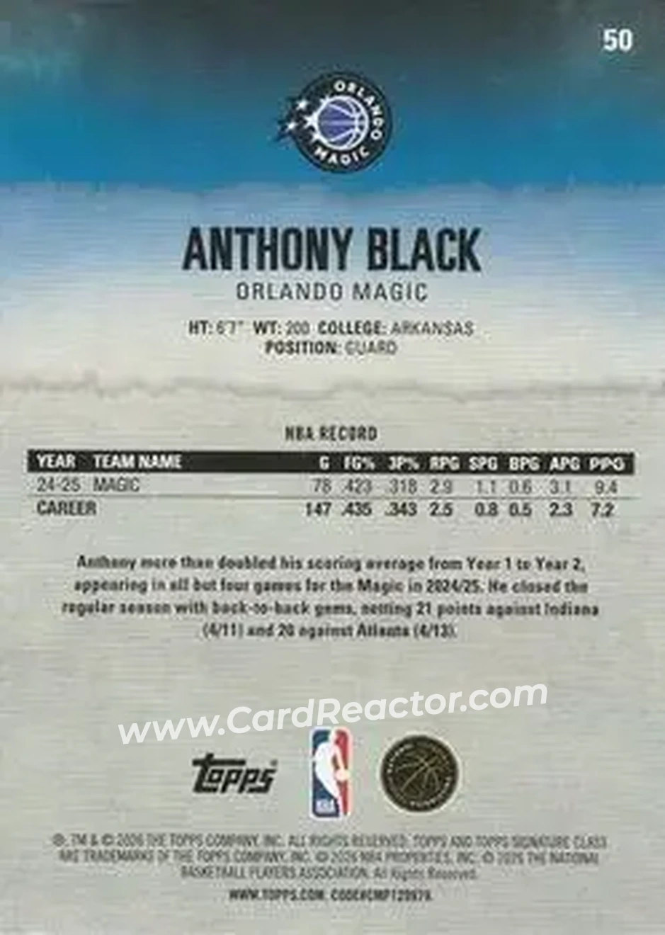 2025-26 Topps Signature Class #50 - Anthony Black - Orlando Magic - Back 2025-26 Topps Signature Class #50 - Anthony Black - Orlando Magic - Back