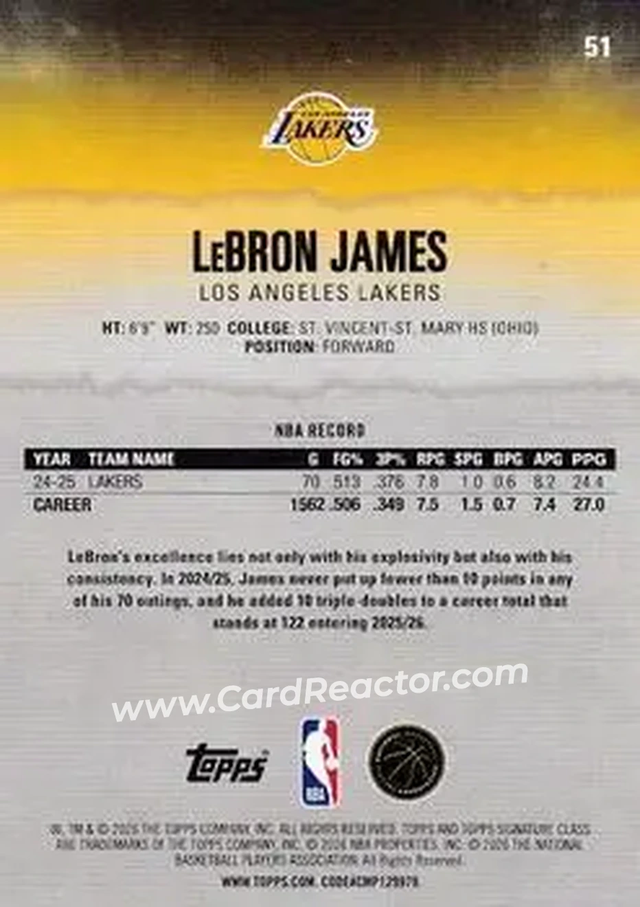 2025-26 Topps Signature Class #51 - LeBron James - Los Angeles Lakers - Back