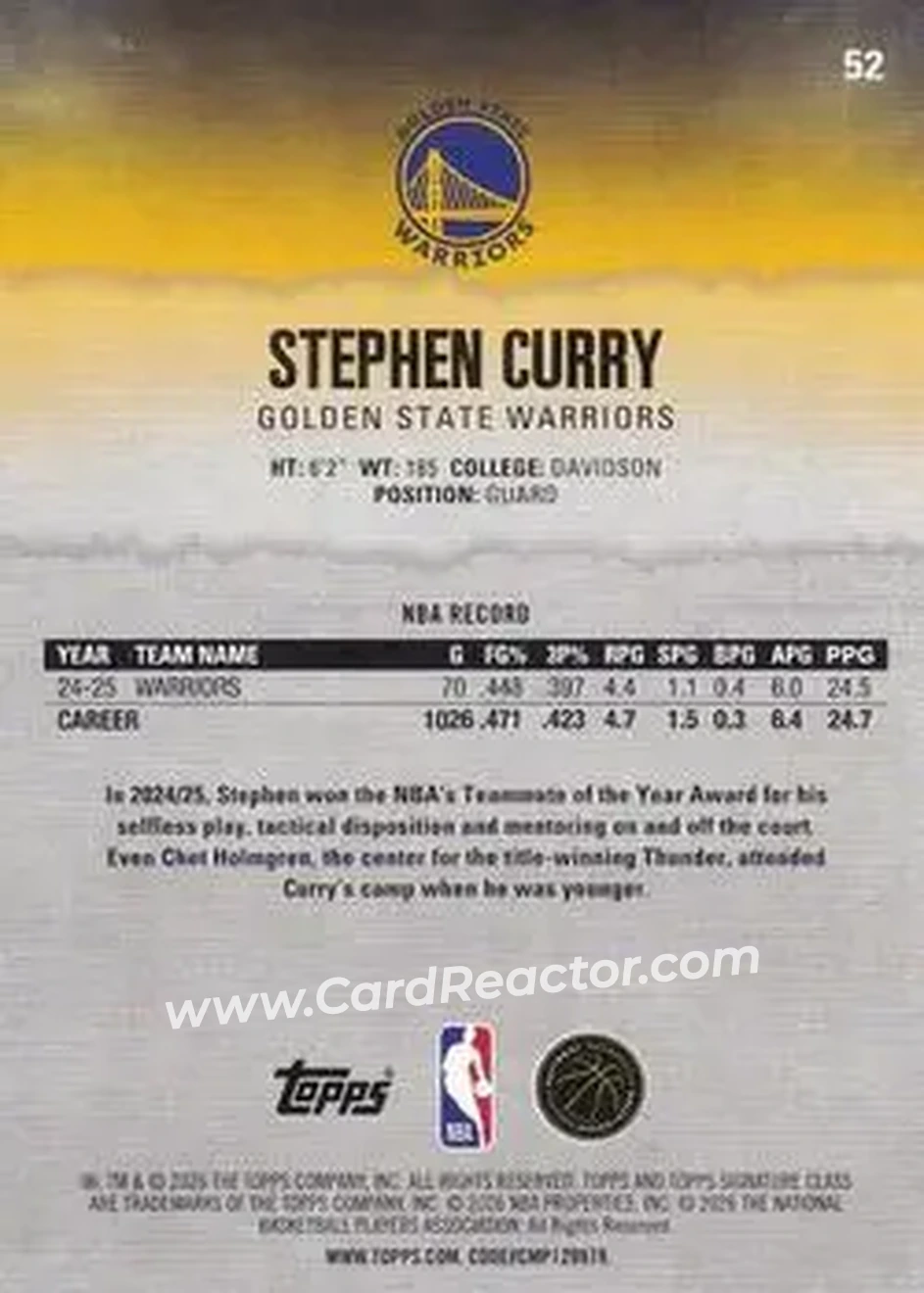 2025-26 Topps Signature Class #52 - Stephen Curry - Golden State Warriors - Back