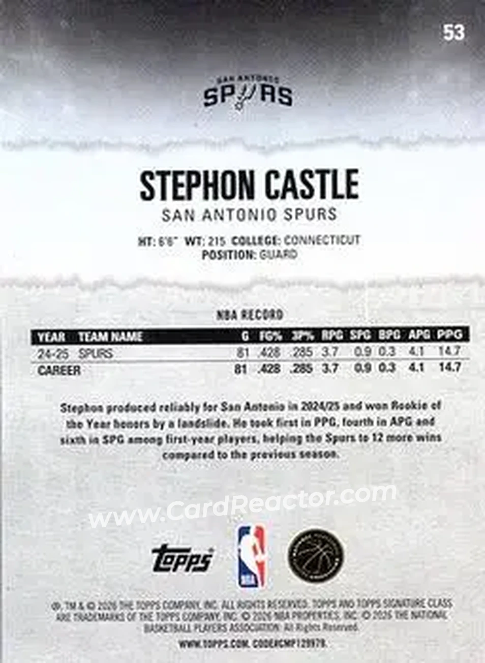 2025-26 Topps Signature Class #53 - Stephon Castle - San Antonio Spurs - Back