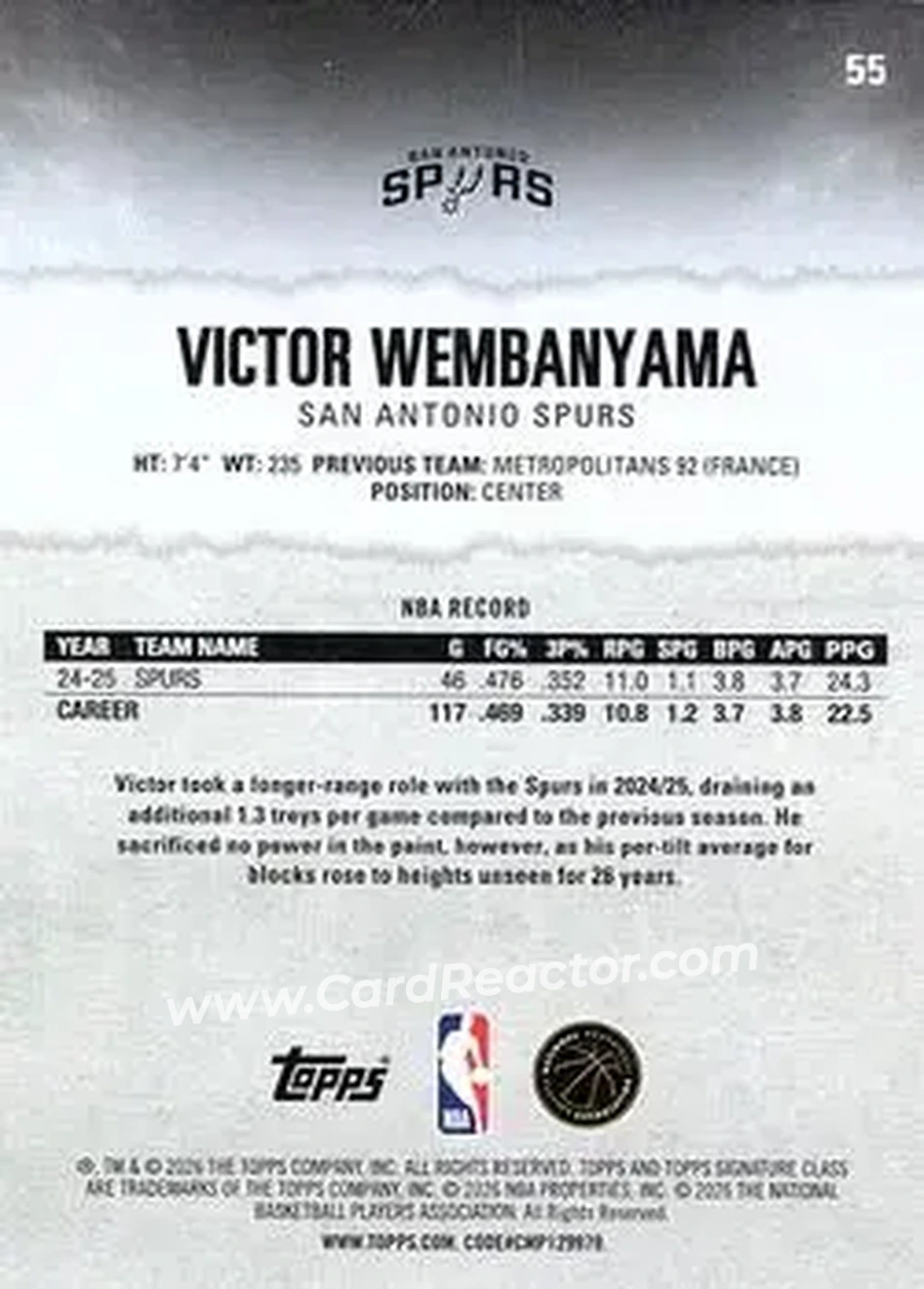 2025-26 Topps Signature Class #55 - Victor Wembanyama - San Antonio Spurs - Back