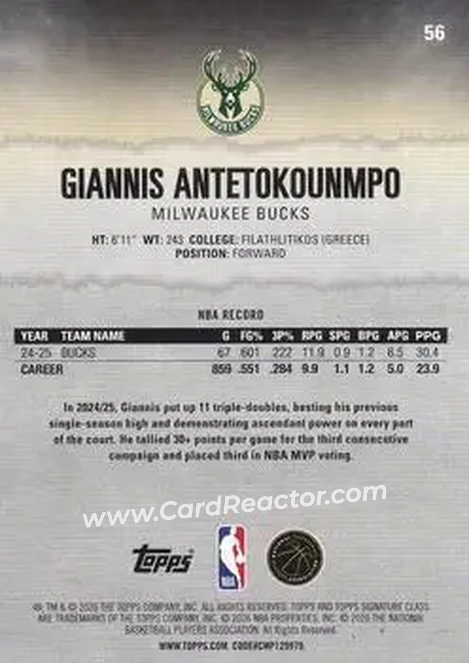 2025-26 Topps Signature Class #56 - Giannis Antetokounmpo - Milwaukee Bucks - Back