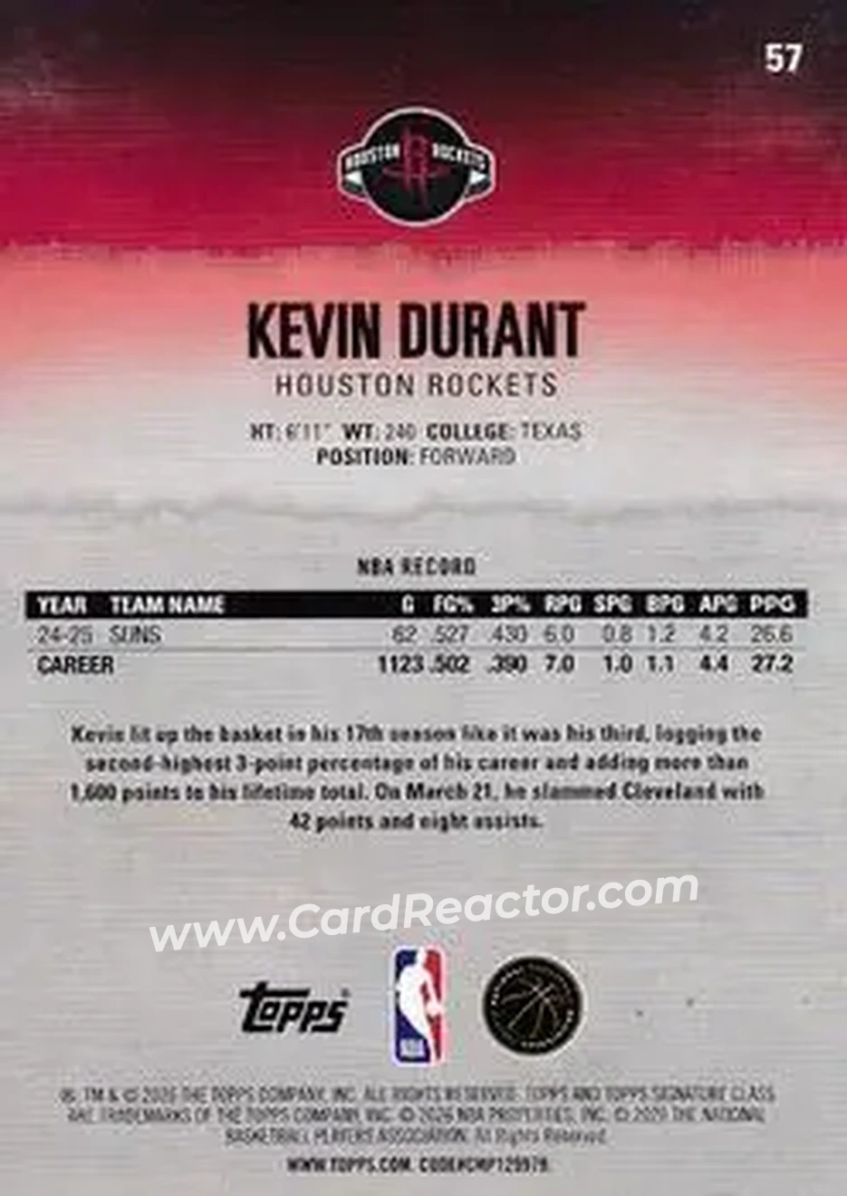 2025-26 Topps Signature Class #57 - Kevin Durant - Houston Rockets - Back