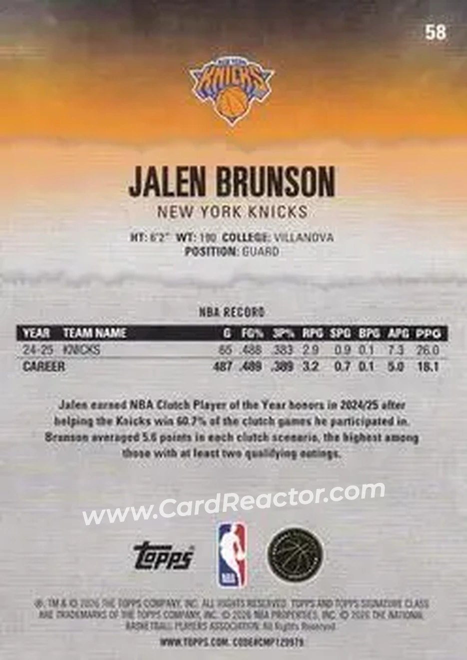 2025-26 Topps Signature Class #58 - Jalen Brunson - New York Knicks - Back