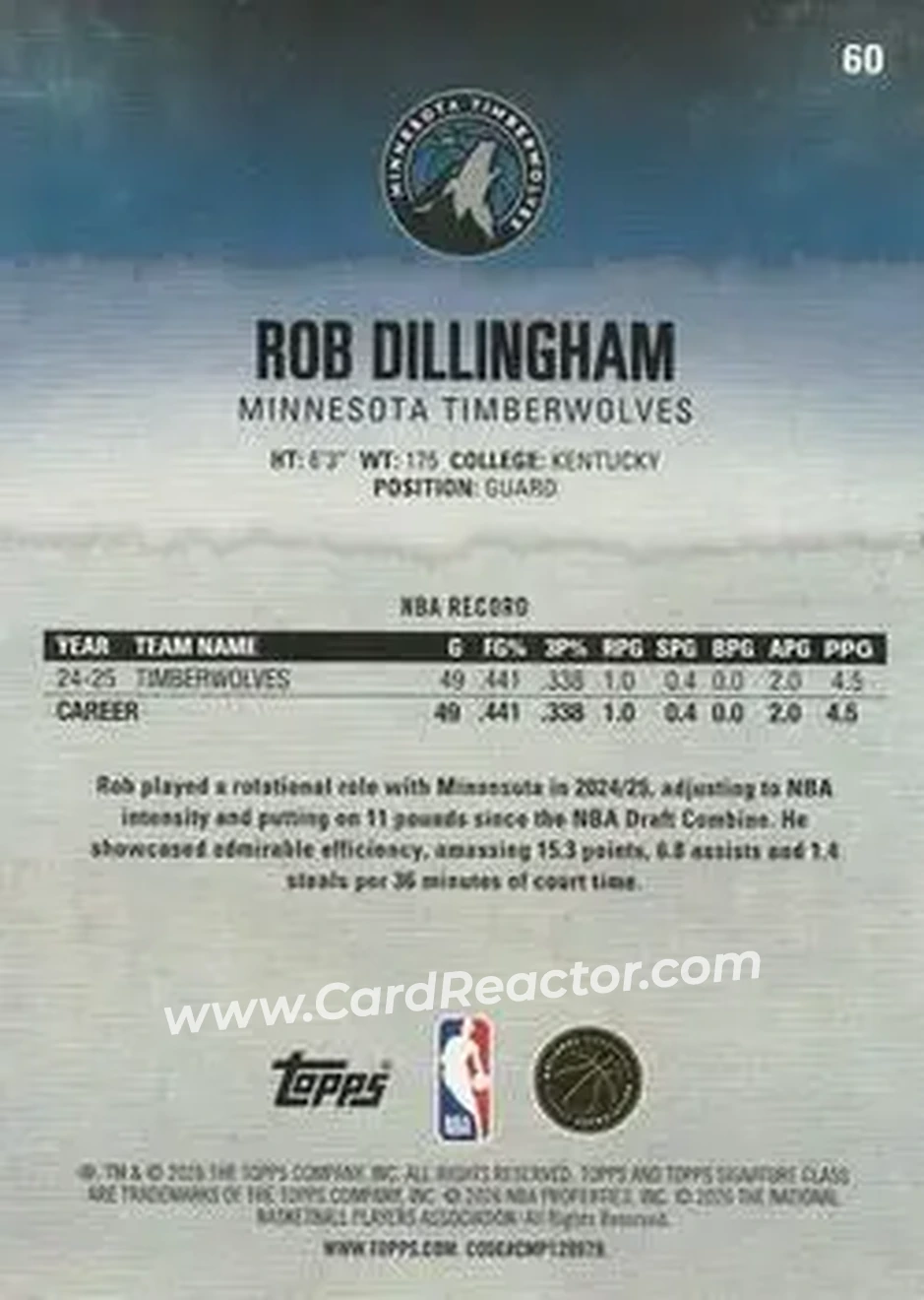 2025-26 Topps Signature Class #60 - Rob Dillingham - Minnesota Timberwolves - Back 2025-26 Topps Signature Class #60 - Rob Dillingham - Minnesota Timberwolves - Back