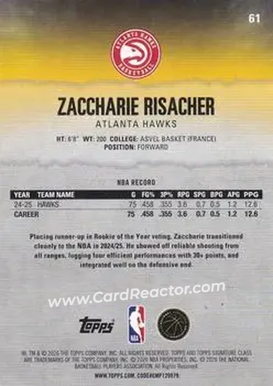 2025-26 Topps Signature Class #61 - Zaccharie Risacher - Atlanta Hawks - Back