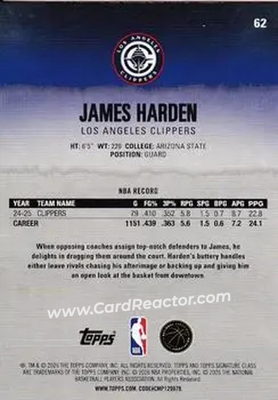 2025-26 Topps Signature Class #62 - James Harden - Los Angeles Clippers - Back