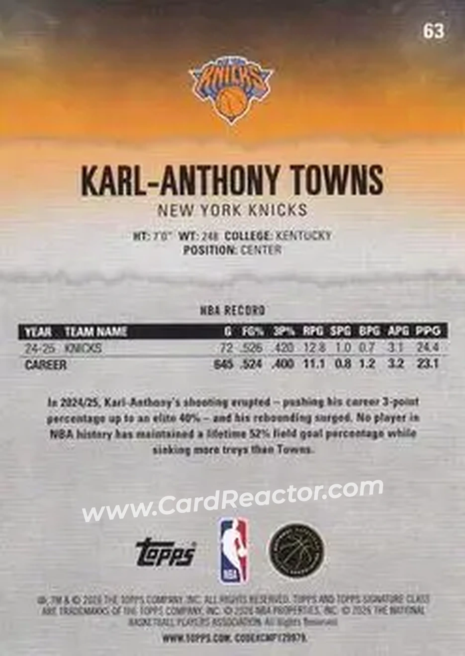 2025-26 Topps Signature Class #63 - Karl-Anthony Towns - New York Knicks - Back