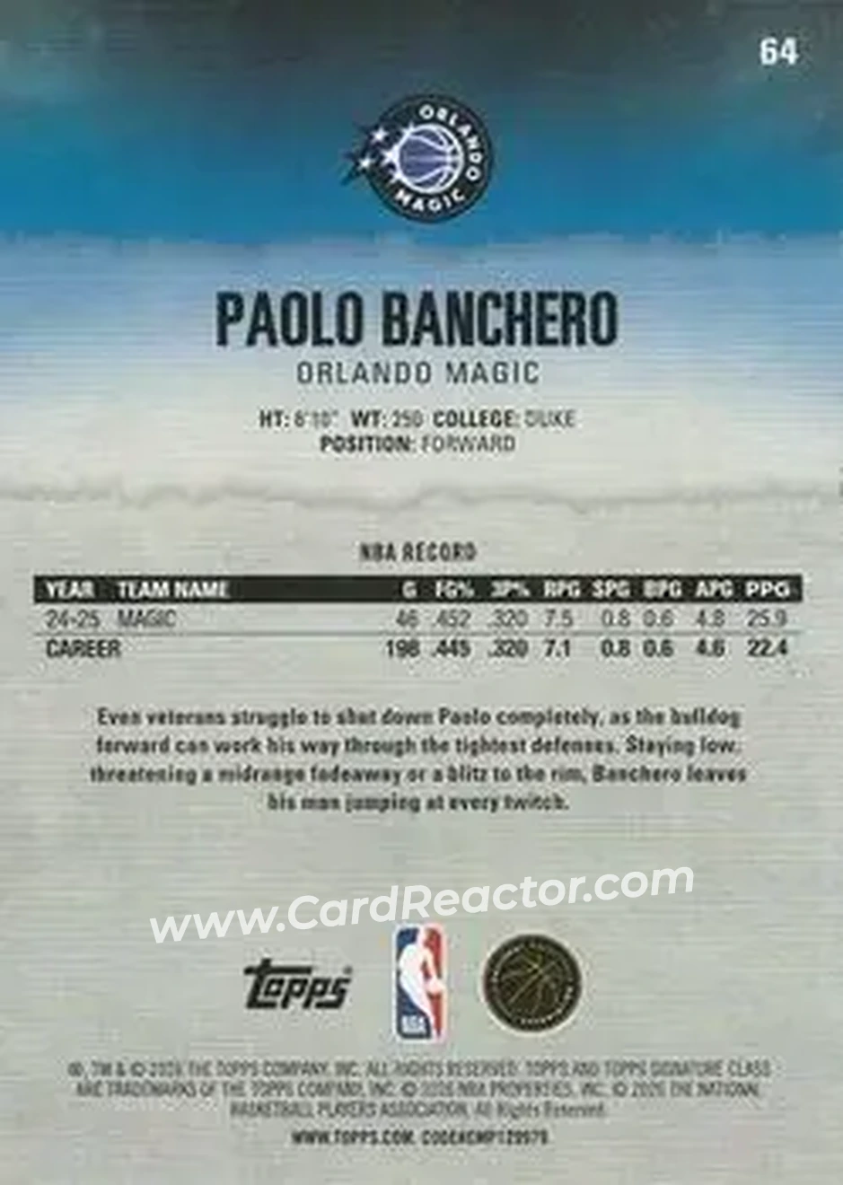 2025-26 Topps Signature Class #64 - Paolo Banchero - Orlando Magic - Back