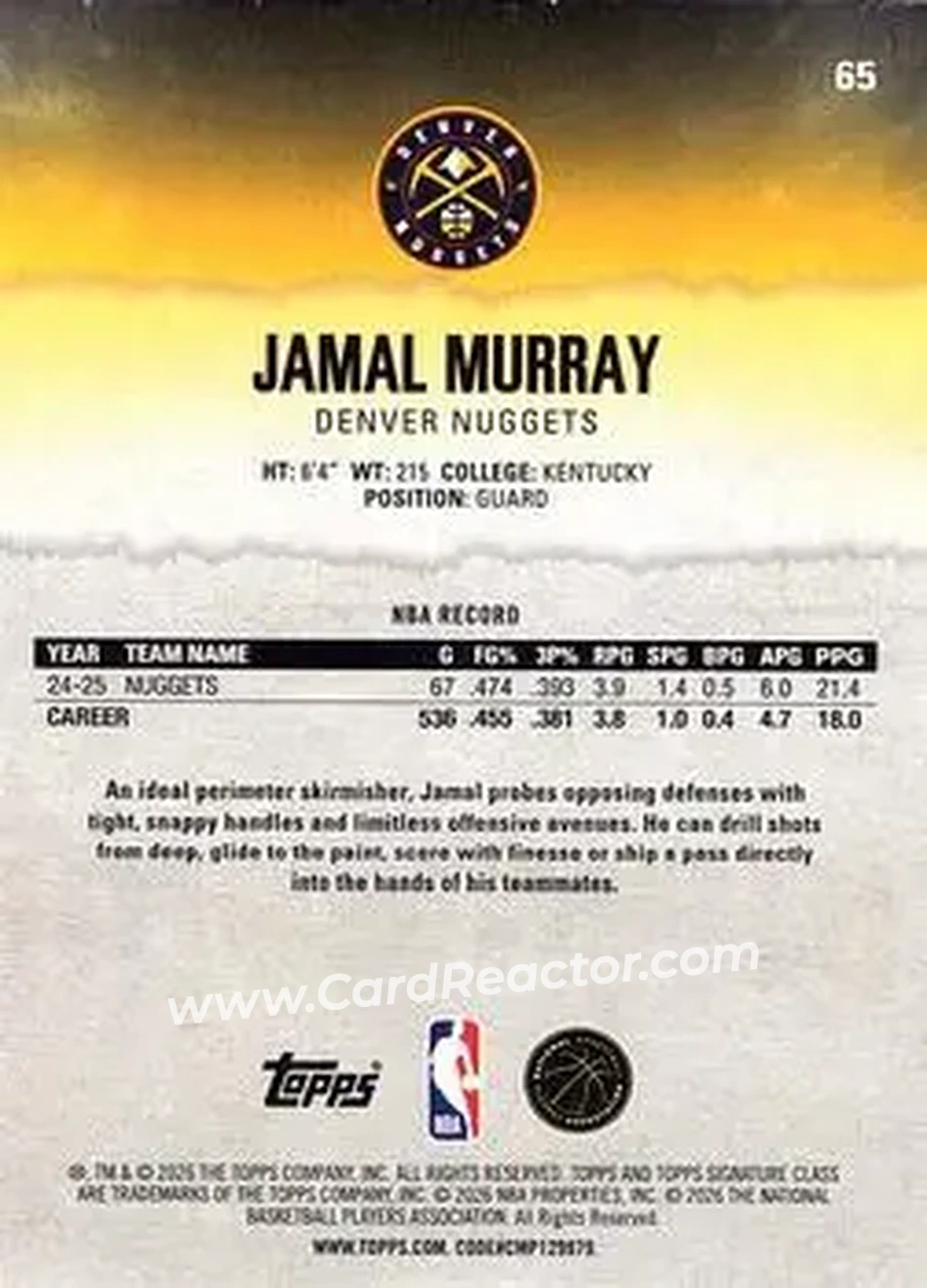 2025-26 Topps Signature Class #65 - Jamal Murray - Denver Nuggets - Back