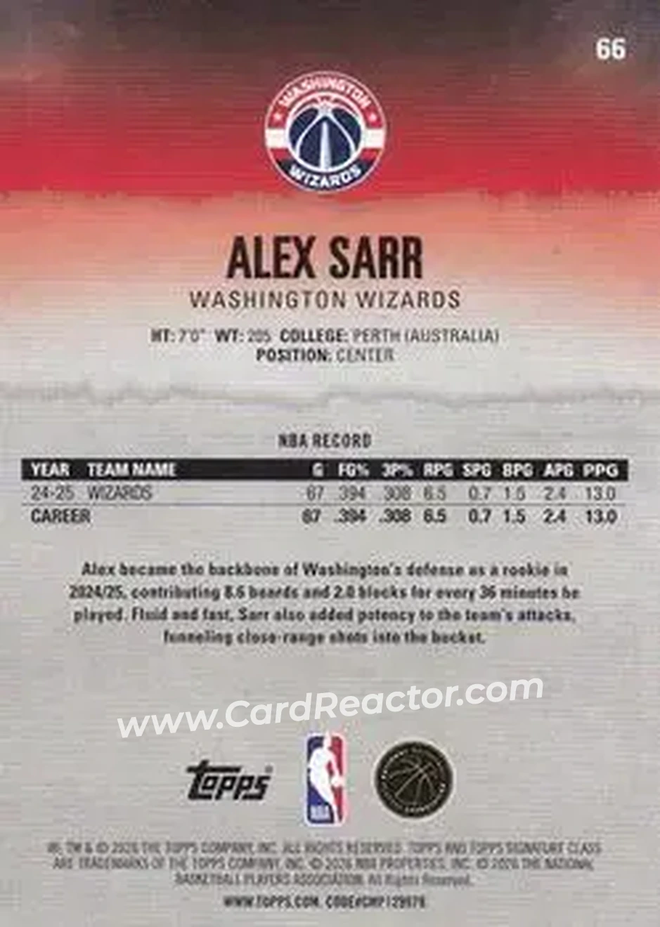 2025-26 Topps Signature Class #66 - Alex Sarr - Washington Wizards - Back