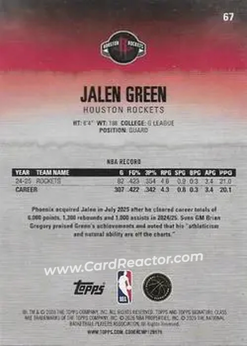 2025-26 Topps Signature Class #67 - Jalen Green - Houston Rockets - Back 2025-26 Topps Signature Class #67 - Jalen Green - Houston Rockets - Back