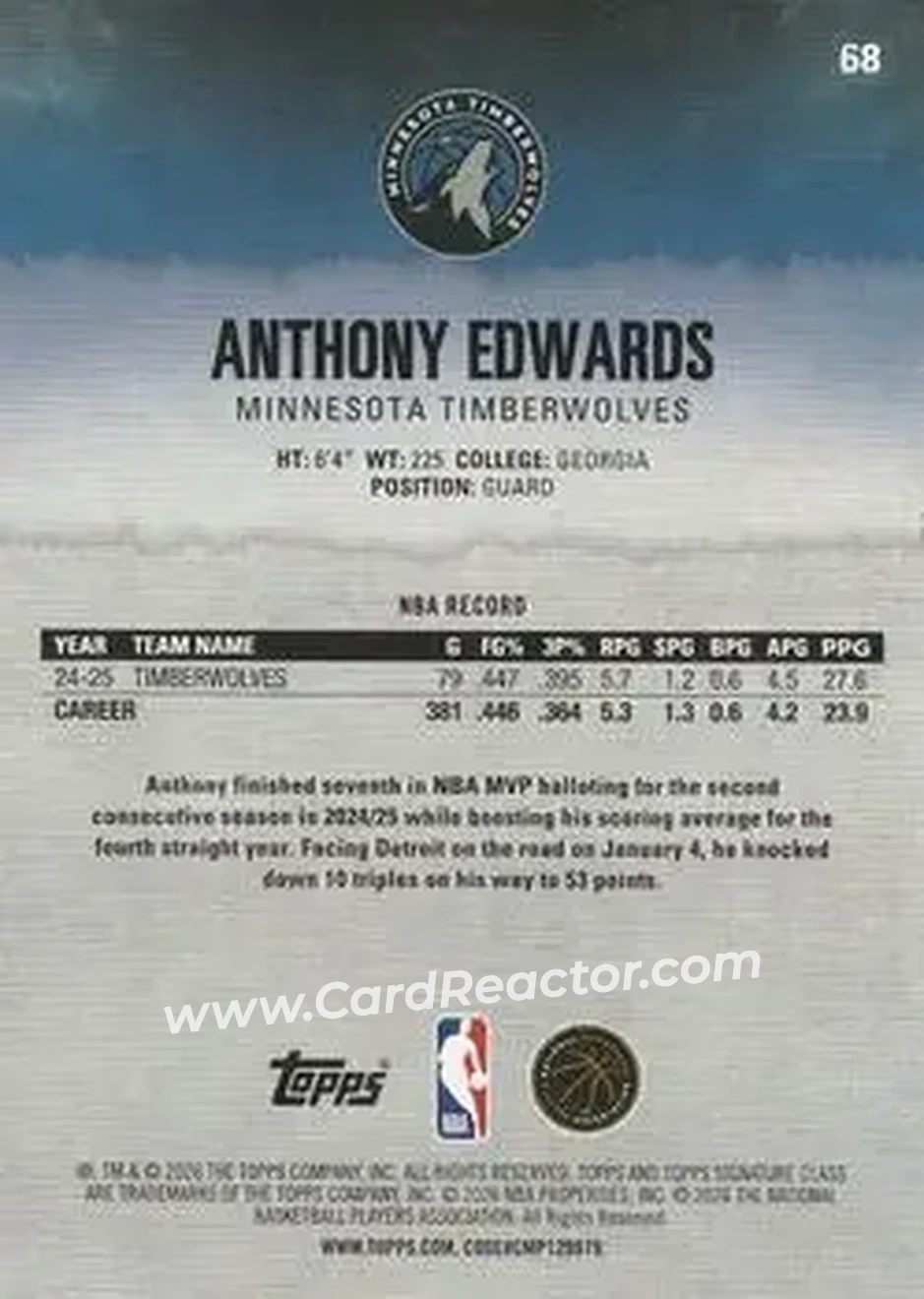 2025-26 Topps Signature Class #68 - Anthony Edwards - Minnesota Timberwolves - Back