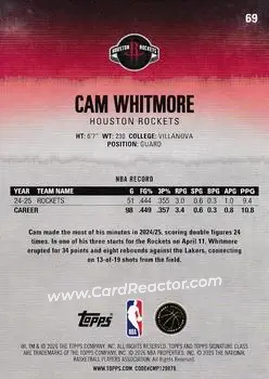 2025-26 Topps Signature Class #69 - Cam Whitmore - Houston Rockets - Back 2025-26 Topps Signature Class #69 - Cam Whitmore - Houston Rockets - Back