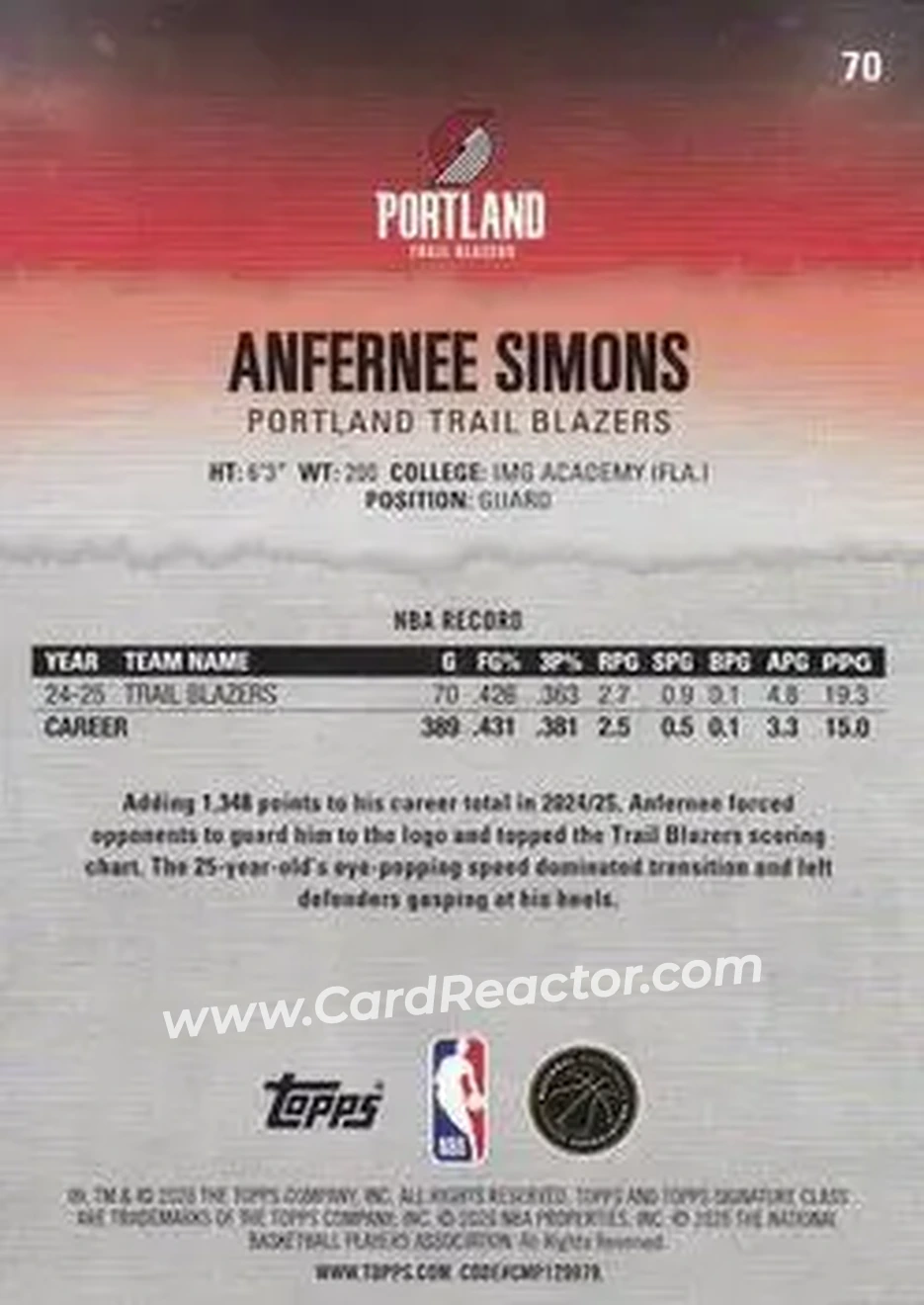 2025-26 Topps Signature Class #70 - Anfernee Simons - Portland Trail Blazers - Back