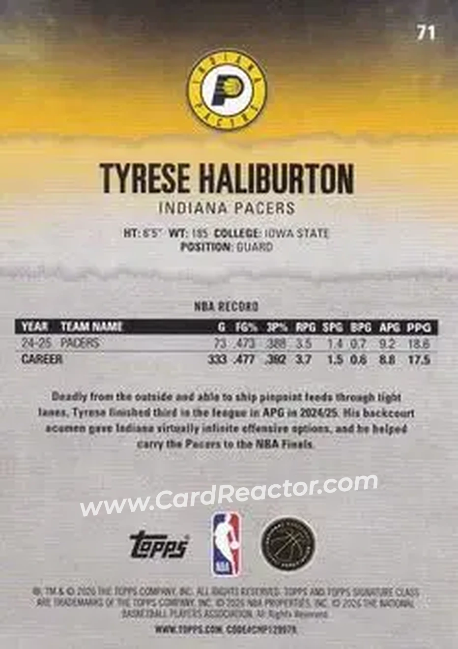 2025-26 Topps Signature Class #71 - Tyrese Haliburton - Indiana Pacers - Back