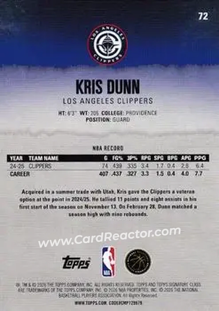 2025-26 Topps Signature Class #72 - Kris Dunn - Los Angeles Clippers - Back