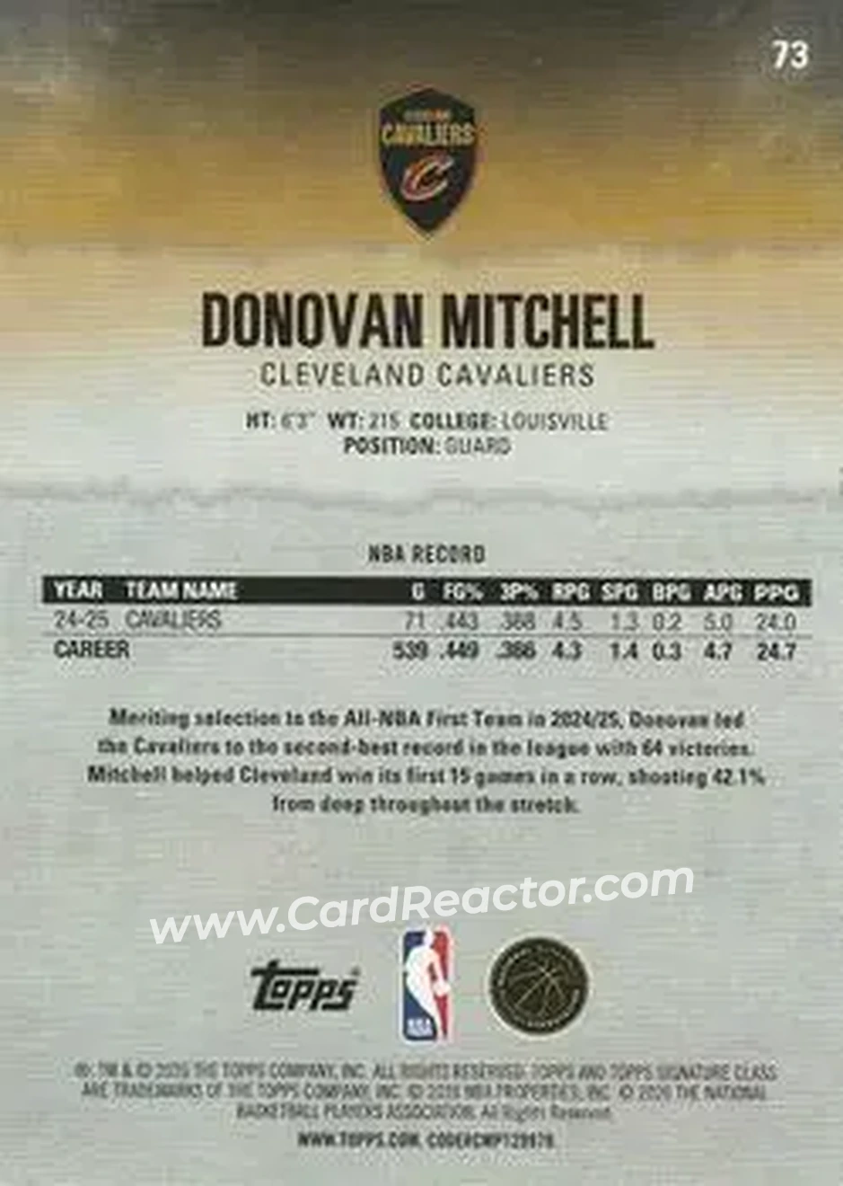 2025-26 Topps Signature Class #73 - Donovan Mitchell - Cleveland Cavaliers - Back