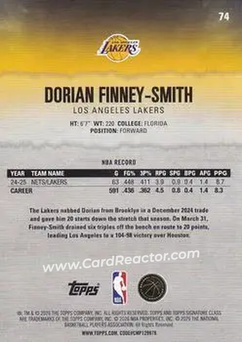 2025-26 Topps Signature Class #74 - Dorian Finney-Smith - Los Angeles Lakers - Back