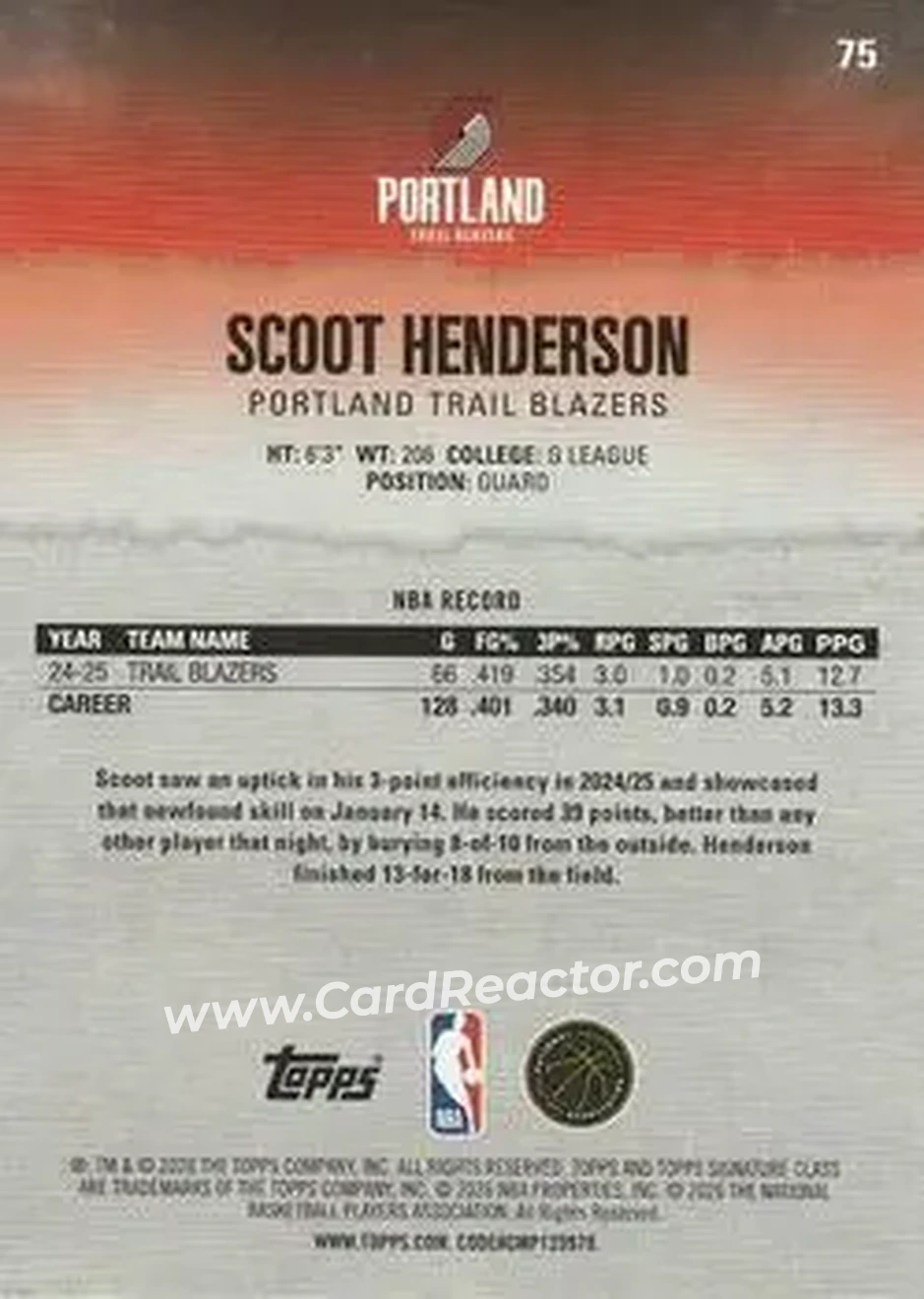 2025-26 Topps Signature Class #75 - Scoot Henderson - Portland Trail Blazers - Back 2025-26 Topps Signature Class #75 - Scoot Henderson - Portland Trail Blazers - Back
