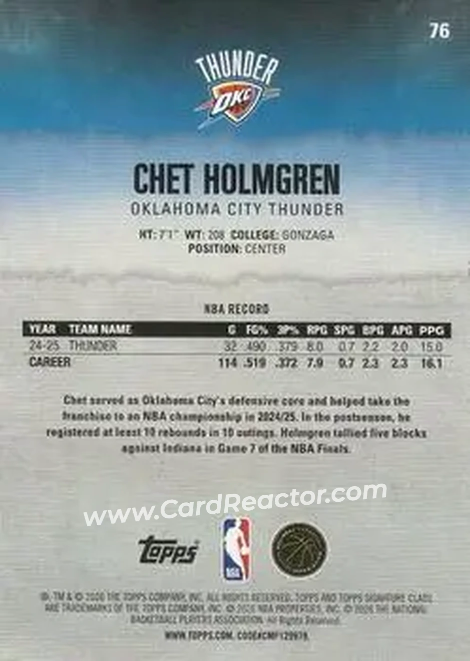 2025-26 Topps Signature Class #76 - Chet Holmgren - Oklahoma City Thunder - Back