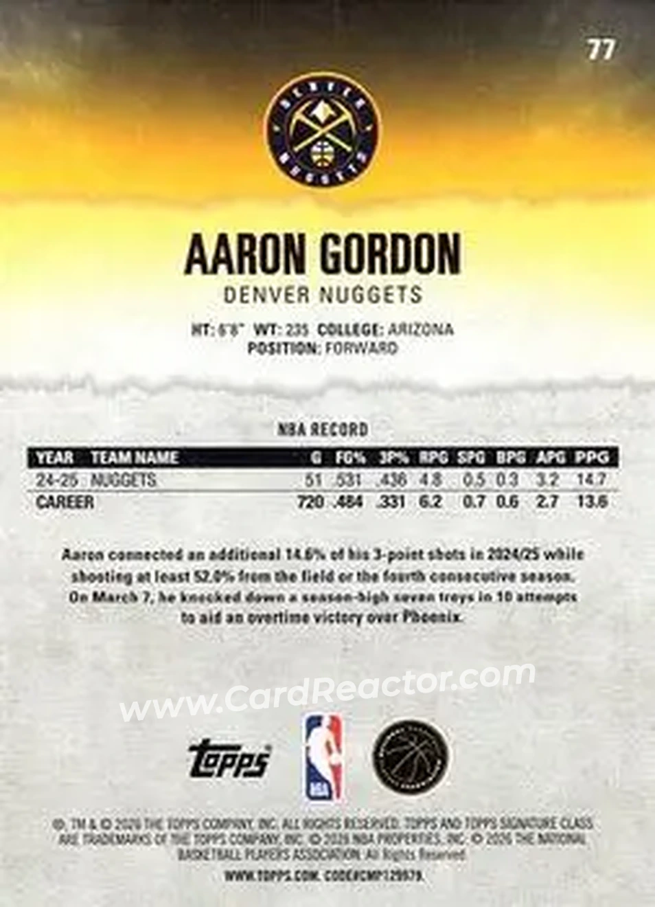 2025-26 Topps Signature Class #77 - Aaron Gordon - Denver Nuggets - Back 2025-26 Topps Signature Class #77 - Aaron Gordon - Denver Nuggets - Back
