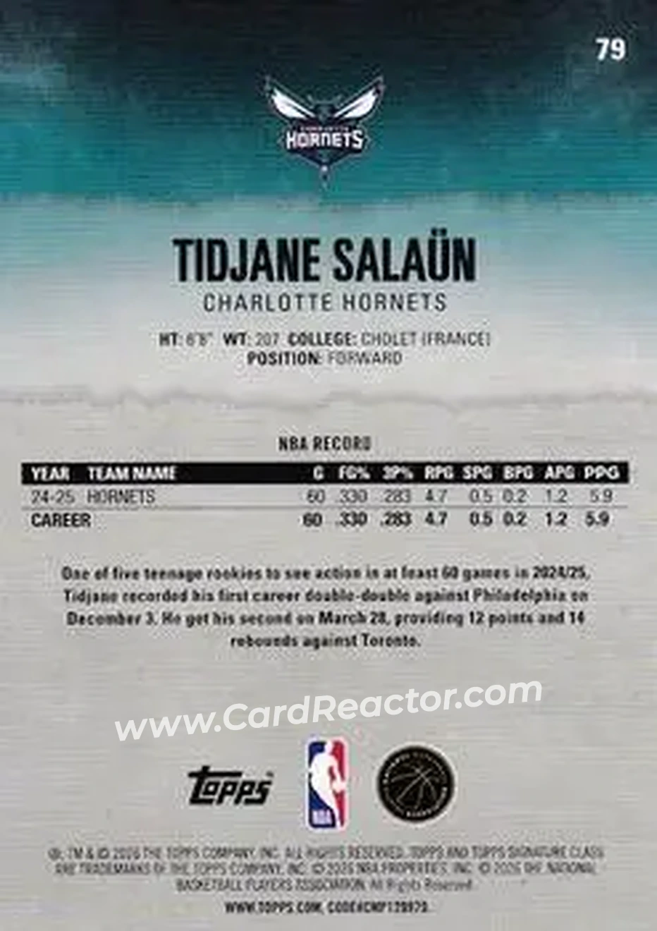 2025-26 Topps Signature Class #79 - Tidjane Salaün - Charlotte Hornets - Back